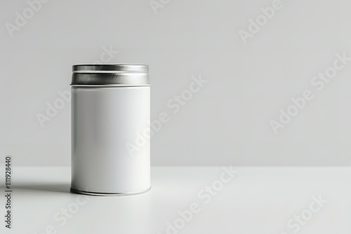 With a white setting depicts a white cylindrical metallic coffee jar tin can armed with a silver lid, depicting a notion for encompassing coffee supplies and space, Generative AI.