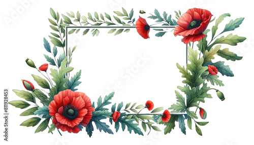 A Rectangle watercolor frame poppy and leaves, isolated on transparent background