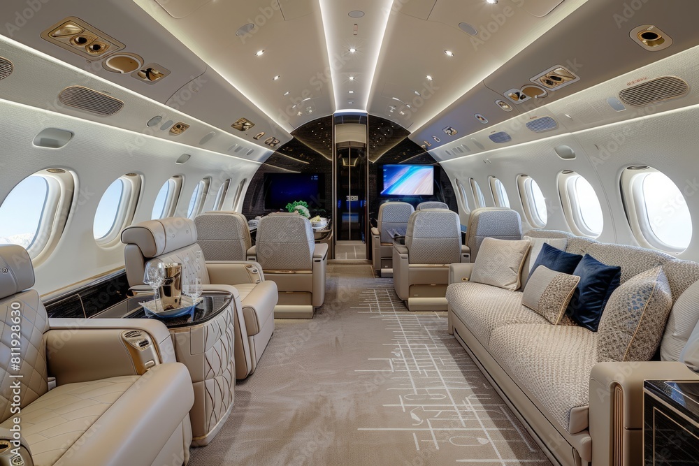 Fototapeta premium Spacious and modern private jet cabin with luxurious seating and ambient lighting
