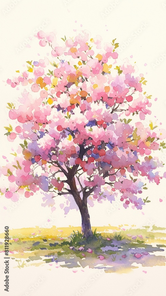 Apple tree, watercolor, blossoms to fruit, cycle of seasons, vibrant hues, frontal view , realistic watercolor Apple tree, watercolor, blossoms to fruit, cycle of seasons, vibrant hues, frontal view , realistic watercolor