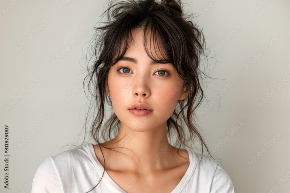 Asian woman with messy bun hairstyle against white minimalist blank background with copy space Asian woman with messy bun hairstyle against white minimalist blank background with copy space