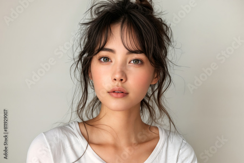 Asian woman with messy bun hairstyle against white minimalist blank background with copy space
