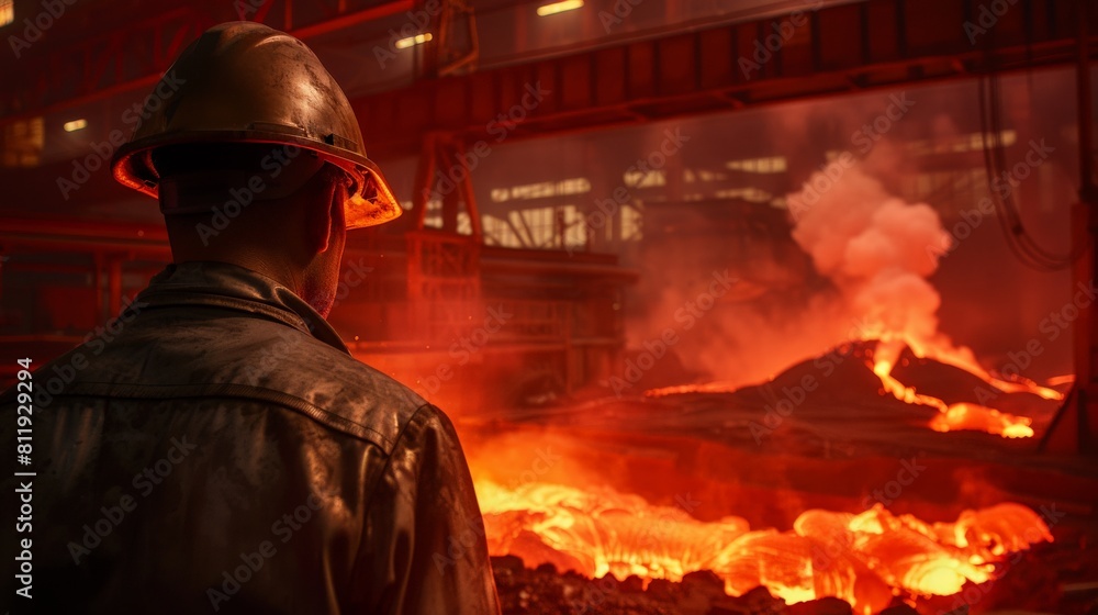 A steelworker looks at a furnace.
