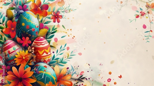 Na białym tle widoczne jest wiele kolorowych jajek i kwiatów. Kompozycja ta stanowi idealną ozdobę na kartkę wielkanocną lub inną wiosenną dekorację photo