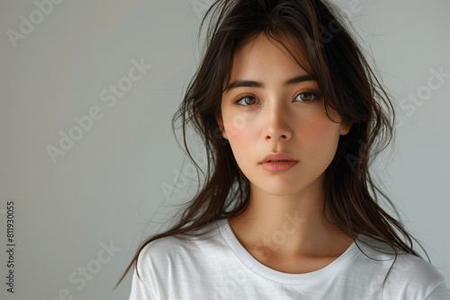 Asian woman in white shirt with long hair against light grey minimalist blank background  copy space