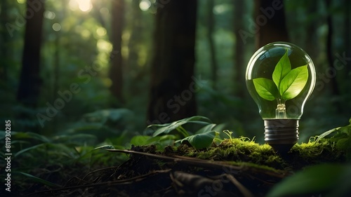 Green Energy Bulb with Leaf Emblem: Illuminating Sustainability Amidst Lush Forest, Eco-Friendly Lighting: Embracing Green Energy Bulbs in the Heart of the Forest, Nature's Light: Exploring Green 