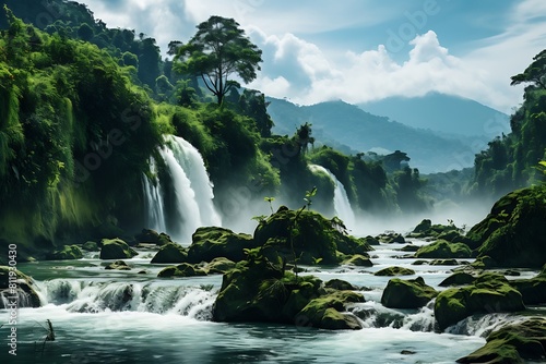 Waterfall with green forest and mountain in the background. 3d rendering