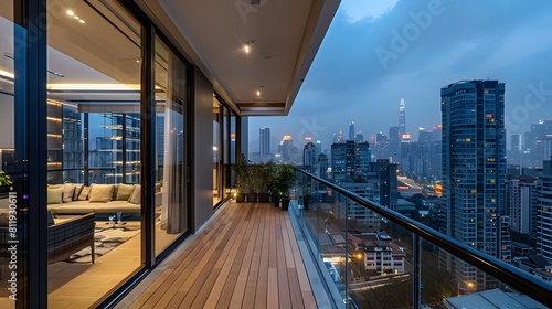 Modern balcony with wooden flooring and glass walls offering city views  creating an elegant urban retreat in the heart of highrise district. 