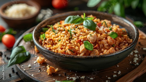 a plate of paella on a wooden table with sprinkled parmasan cheese and fresh basil leaves