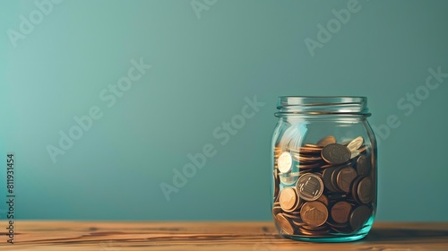 A jar filled with coins on an empty table, representing saving money for future needs. Web banner with copyspace on the right 

