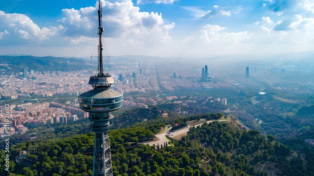 Fototapeta premium Aerial View of a Cityscape with a Prominent Tower on a Sunny Day. Capturing the Urban Sprawl. Perfect for Travel and Tourism. AI