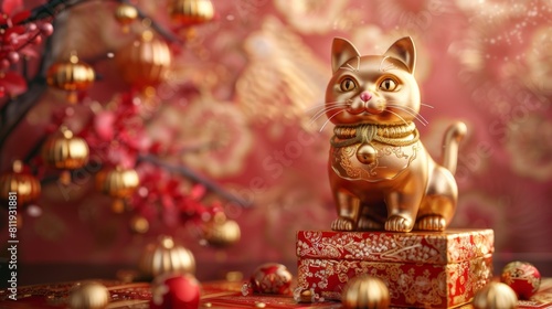 Luxurious 3D render of a gift box with a golden lucky cat, set against a backdrop of rich pink and gold brocade © Thanadol