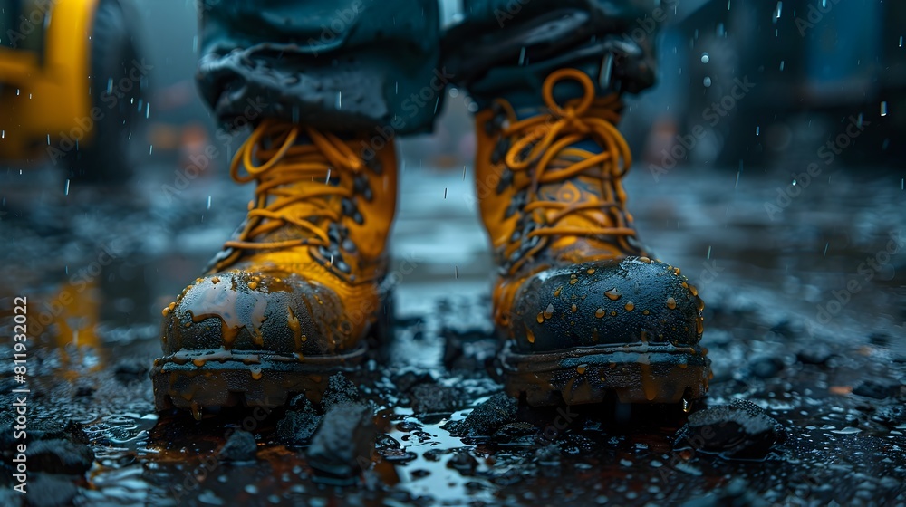 Determined in Rain: Work Boots Ready for a Hard Night of Labor Determined in Rain: Work Boots Ready for a Hard Night of Labor