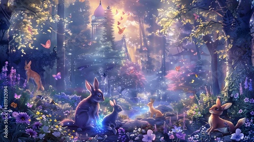 Enchanted Woodland Wonderland Mystic Forest Scene with Glowing Lights and Whimsical Wildlife