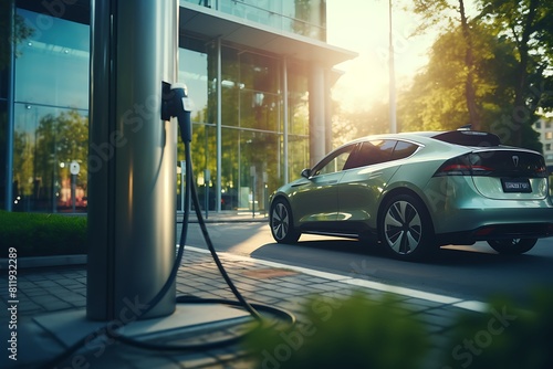 Electric car charging on electric car charging station. Eco power concept. photo