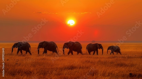 elephants walking across a dry grass field at sunset with the sun in the background