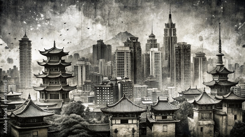 vintage grunge black and white collage poster with asian cityscape. Different textures and shapes