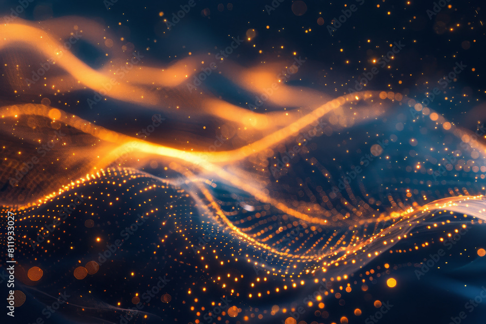 Blue and gold abstract art background for metaverse and technology with laser and geometric theme elements, illuminated by a light glow in a dark space, created by Generative AI. Blue and gold abstract art background for metaverse and technology with laser and geometric theme elements, illuminated by a light glow in a dark space, created by Generative AI.