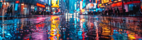 The city street glistened with rain under the night lights, revealing colorful reflections and vibrant graffiti adorning the walls.