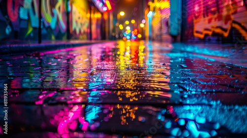 The wet city street glistened under the night sky, illuminated by colorful lights and adorned with vibrant graffiti art on the walls.