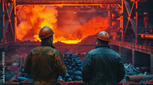 Two steelworkers watch the molten metal being poured into the mold. Manufacturing industry, smelting, steel lathe a iron melter steel production in the factory