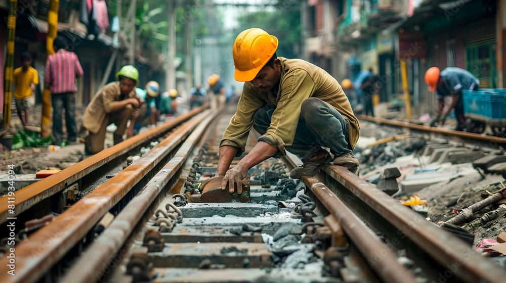 Indian Worker Focused on Railway Track Repair Amid Busy African Street Scene Indian Worker Focused on Railway Track Repair Amid Busy African Street Scene