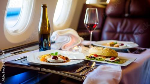  a glass of wine on the background of the porthole of a private jet  premium service on a first class  luxurious first-class airplane seat with a glass of wine and a gourmet meal. 