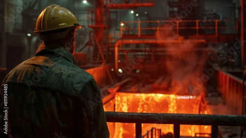 A steelworker looks at a furnace. Manufacturing industry, smelting, steel lathe a iron melter steel production in the factory