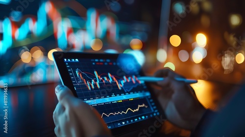 Closeup on hands holding a tablet displaying stock market trends and investment opportunities, with a focus on smart investing and growth photo