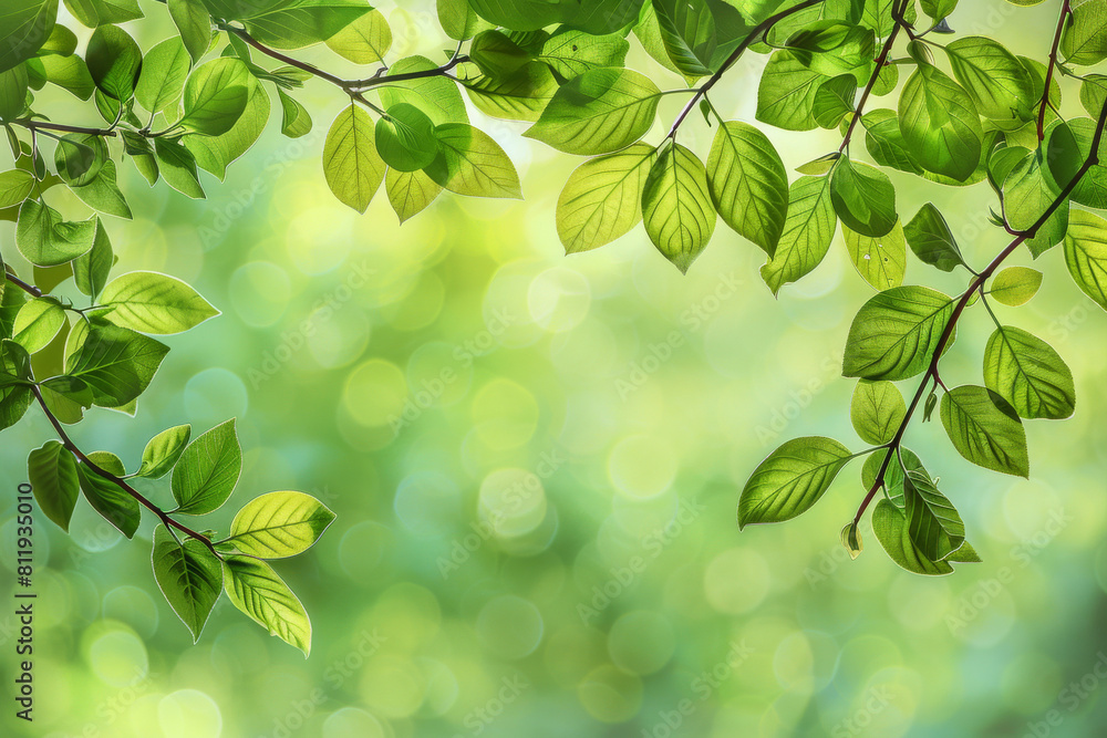 The tree branch with spring and summer leaves creates a beautiful backdrop for a mock-up message on the page print design, offering a serene and nature-inspired aesthetic.