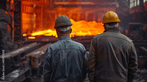Two steelworkers watch the molten metal being poured. Manufacturing industry, smelting, steel lathe a iron melter steel production in the factory