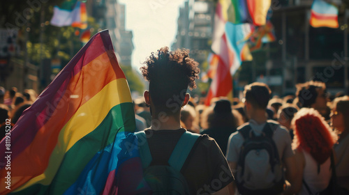 Group of people LGBT Pride Parade festival day. rainbow flag.