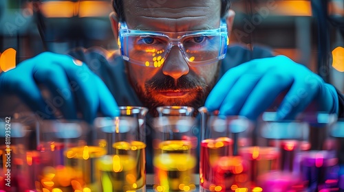 A scientist carefully pipetting colorful liquids into test tubes, the vibrant hues contrasting against the sterile lab environment photo