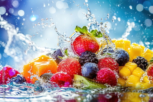 water splashing onto mix fruit  colorful fruits