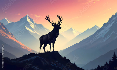 A silhouette of a deer stands on a mountaintop at sunset. The sky is a gradient of orange  pink  and blue. The mountains are blue. Animals. Illustration.