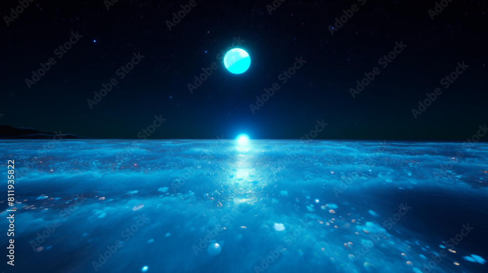 Fluorescent ocean under moonlight, 3D ultra wide viewing angle, starry embellishments, 8K ultra high definition visual feast
