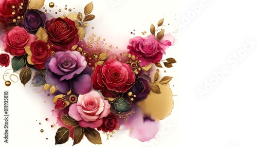 Aerial watercolor painting of roses in ruby, pink, and purple, accentuated with gold alcohol ink details for a luxurious finish.