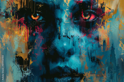 Contemporary artwork featuring a punk zombie with abstract facial features rendered in a graffiti-inspired style reminiscent of Generative AI technology.