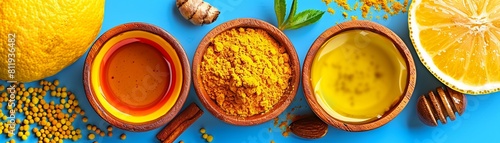 An overhead shot of various natural ingredients used in brightening facial treatments, such as turmeric, lemon, and honey, highlighting their skinbrightening properties photo
