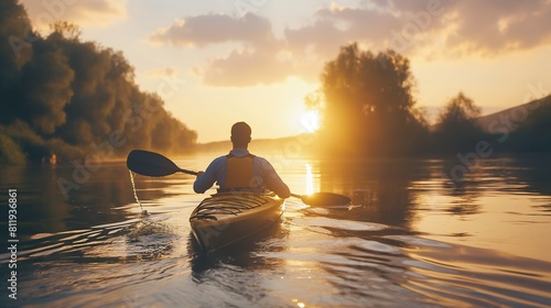 Man kayaking on the river in the early morning  sunset. Sport and active lifestyle. Man kayaking at sunset. Adventurous woman preparing her kayak at the edge of a tranquil lake  early morning.