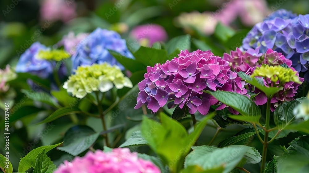 Lush Hydrangea Garden in Bloom, Vibrant Floral Display. Close-up Shot Captures the Beauty of Nature. Ideal for Gardening Content and Spring Themes. AI Lush Hydrangea Garden in Bloom, Vibrant Floral Display. Close-up Shot Captures the Beauty of Nature. Ideal for Gardening Content and Spring Themes. AI