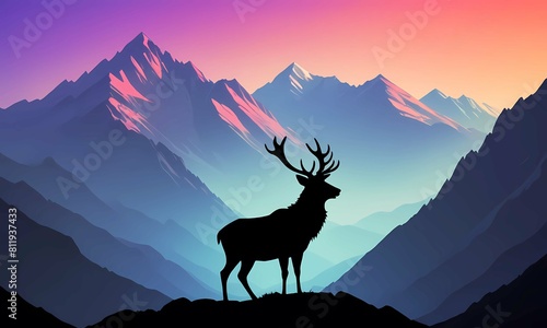 A silhouette of a deer stands in front of a mountain range. The sky is a gradient of purple and pink  and the mountains are covered in snow. Animals. Illustration.