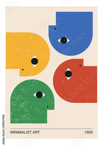 Minimalist 20s geometric design poster with stylized face, vector template