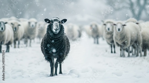 Lone Black Sheep Standing In Snow, Herd Behind, Winter Scene. Serenity in Nature, Contrast in Livestock, Outdoor Photography. AI