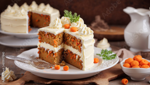 A two-layer carrot cake with white icing and walnuts on top