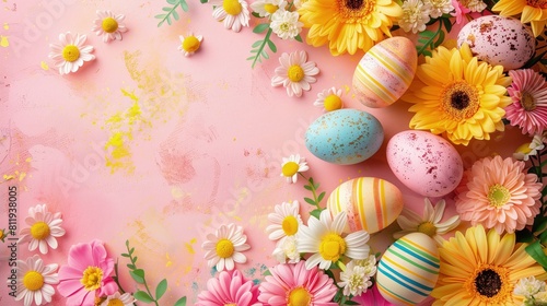 Na różowym tle widoczne są kolorowe jajka wielkanocne oraz kwiaty. Obraz nawiązuje do święta Wielkanocy i wiosny