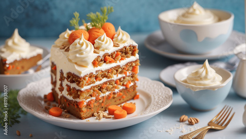 A two-layer carrot cake with white icing and walnuts on top