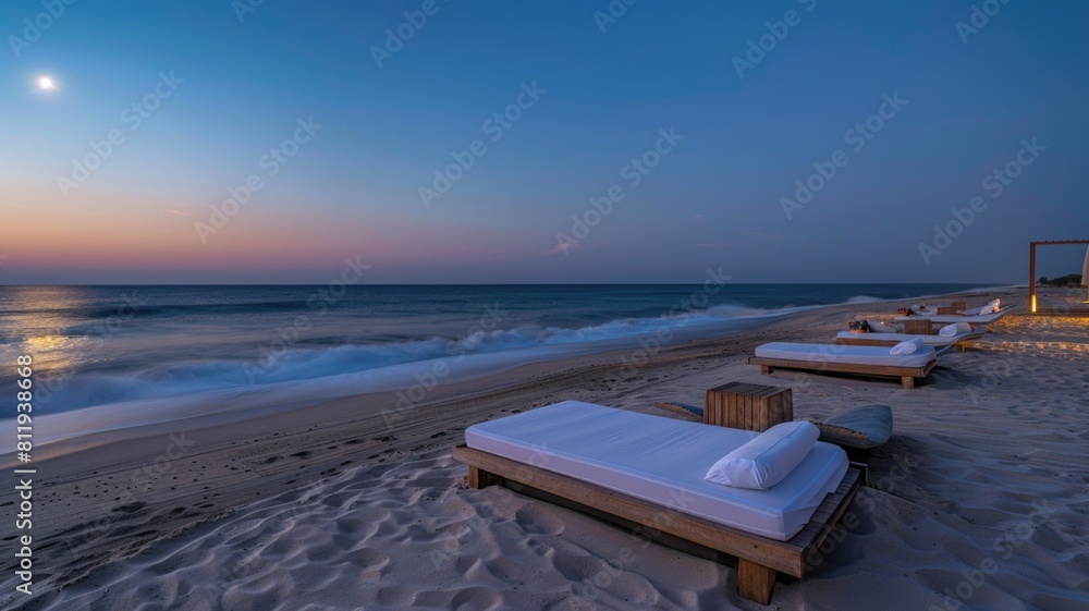 twilight scene where luxurious beds line the beach, in a secluded place to sleep