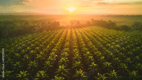 Expansive Palm Oil Plantation at Sunrise with Rows of Verdant Trees Stretching into the Horizon