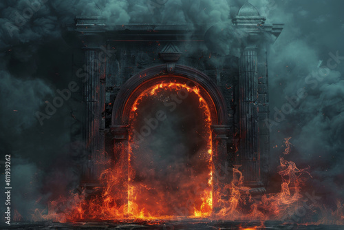 Generate a drawing of a cursed gateway to hell, surrounded by billowing smoke and flames, created using AI technology. photo